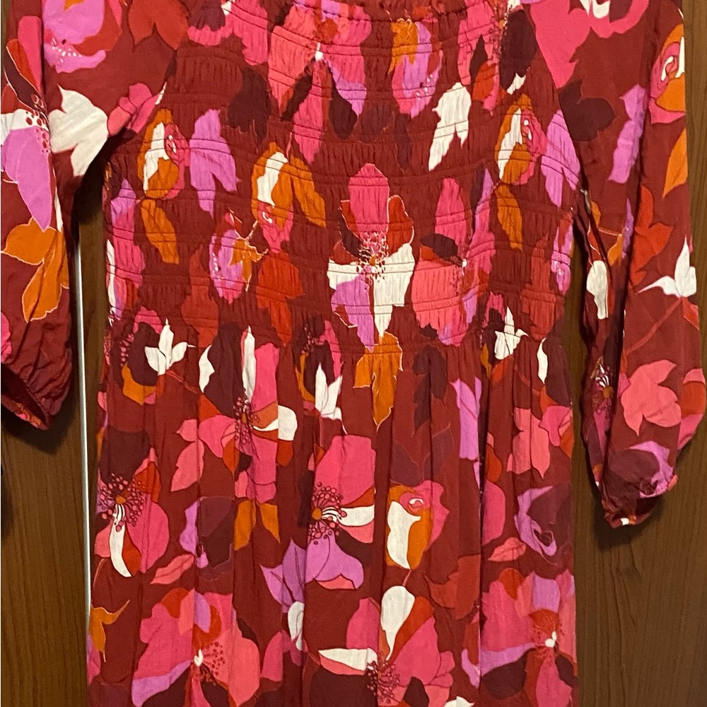 DR2 by Daniel Rainn Vibrant Red Floral Print Smocked Bohemian Midi Dress M - Picture 7 of 7